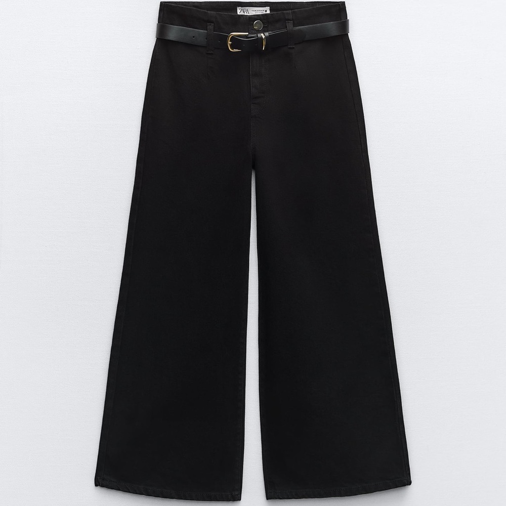 ZARA Z1975 BELTED HIGH RISE CROPPED WIDE LEG JEANS
